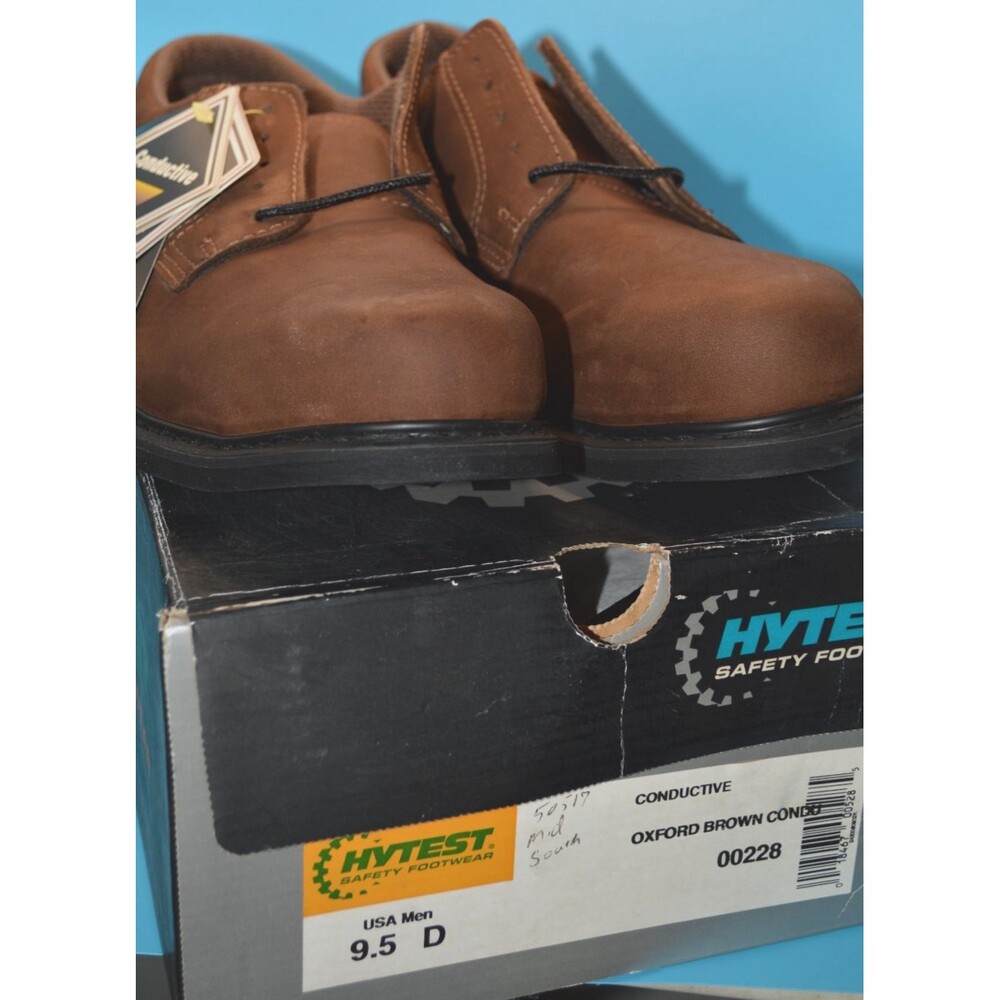 Hytest Sz 9.5 D Steel Toe Conductive Oxford Work Shoes Brown Leather Slip Grip